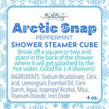 Load image into Gallery viewer, Bath Bevy Arctic Snap Peppermint Shower Steamer Cube label with snowflake design