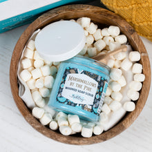 Load image into Gallery viewer, Jar of &#39;Marshmallows by the Fire&#39; whipped soap scrub surrounded by mini marshmallows in a wooden bowl.