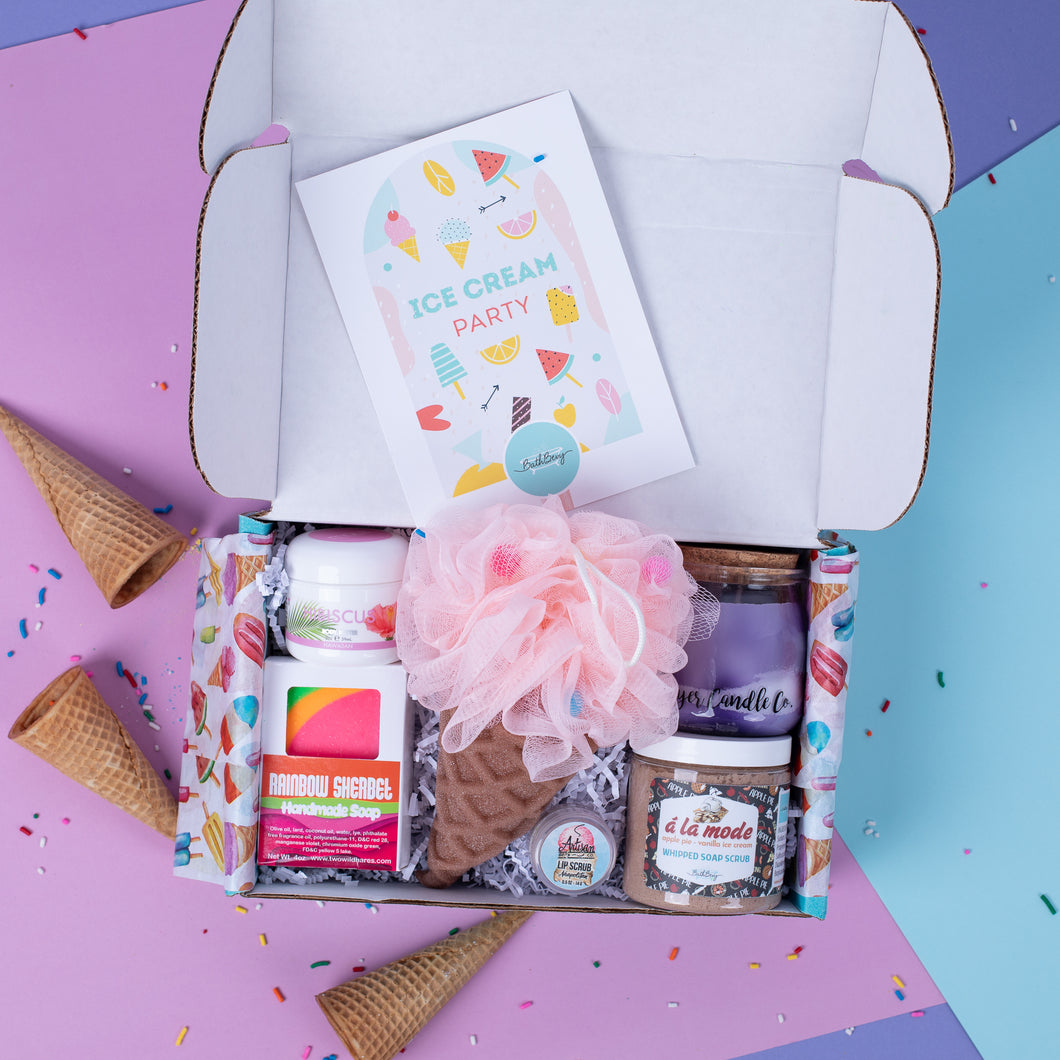 Gift box with ice cream-themed products on a colorful background