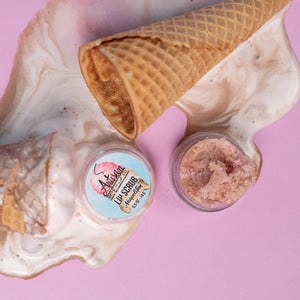 Lip scrub with a waffle cone and shell on a pink background