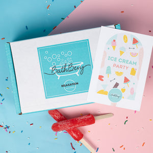 BathBevy product with 'Ice Cream Party' card and red lollipops on a colorful background