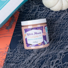 Load image into Gallery viewer, Jar of &#39;Witch, Please&#39; whipped soap scrub on a Halloween-themed background with pumpkins and spider web.