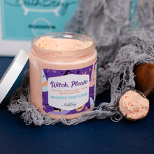 Load image into Gallery viewer, Jar of &#39;Witch Please&#39; whipped soap scrub with a purple label on a dark surface.