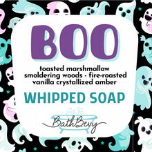 Load image into Gallery viewer, A Bath Bevy Boo Whipped Soap packaging and label design, featuring a white central label with purple text, surrounded by a black border filled with repeating ghost illustrations in teal, white, and black.