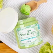 Load image into Gallery viewer, Jar of 'Spa Day' whipped soap scrub with a wooden spoon and green scrub on a white towel.