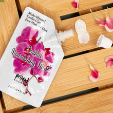 Load image into Gallery viewer, Orchid nourishing mask packaging on a wooden surface with flowers.