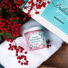 Load image into Gallery viewer, Jar of 'Frosted Winter Berry' whipped soap with red berries and a box labeled 'Bath Berg' on a wooden surface.