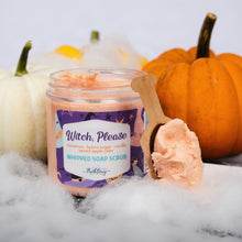 Load image into Gallery viewer, A jar of Bath Bevy 'Witch, Please' whipped soap scrub with a wooden scoop holding orange scrub, styled with pumpkins and white faux fur.