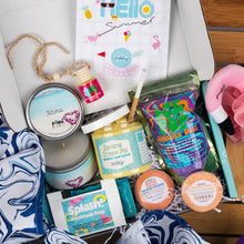 Load image into Gallery viewer, Assorted summer-themed products including candles, soaps, and a 'Hello Summer' card on a wooden surface.