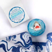 Load image into Gallery viewer, Shark-themed bath bomb with packaging on a white background