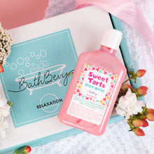 Load image into Gallery viewer, Pink bottle of 'Sweet Tarts' body wash with floral decorations and 'Bathberry' packaging.