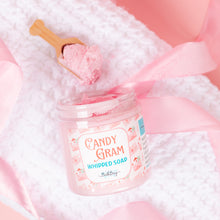 Load image into Gallery viewer, Jar of Candy Gram whipped soap with a wooden scoop on a soft pink background